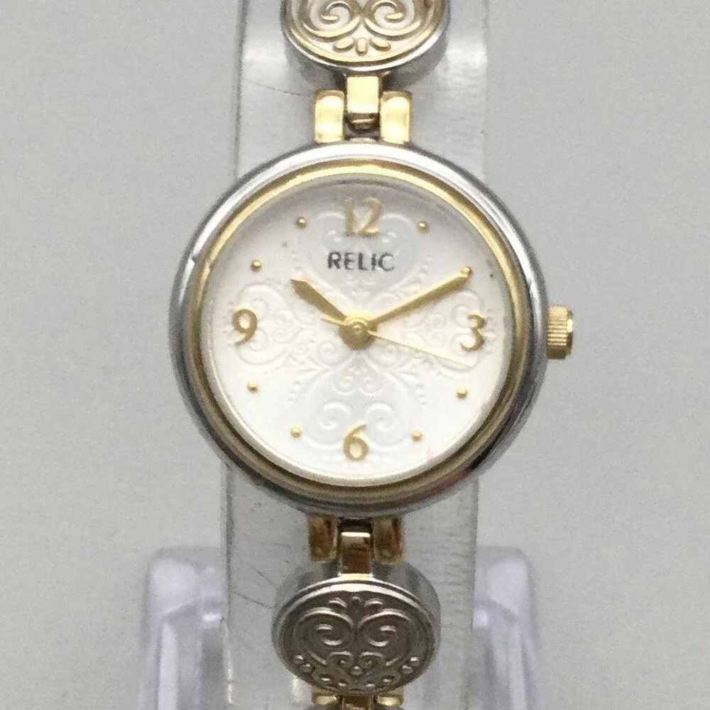 Relic Women Watch 21mm White Dial Two Tone ZR33588 Steel New Battery 7.5